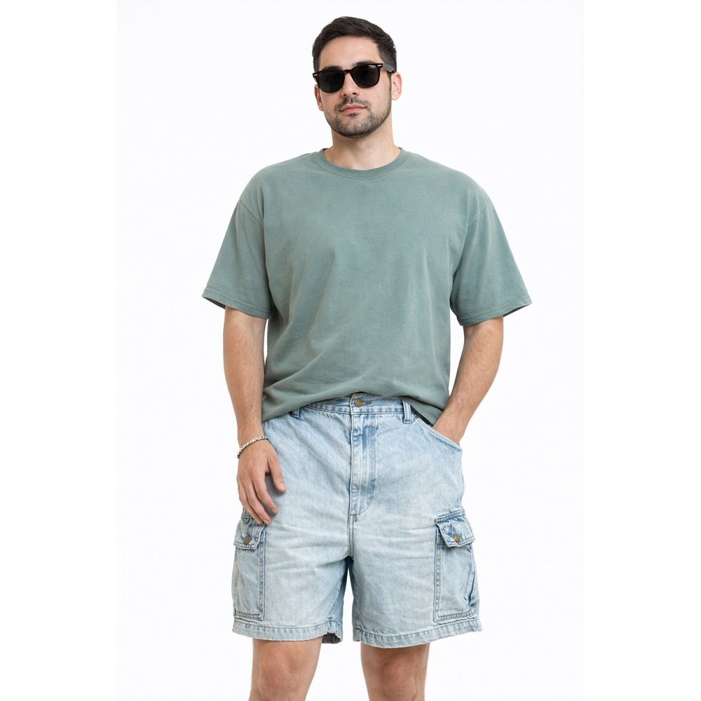 Savane Cargo Shorts Men 36 Blue Light Wash Denim Elastic Waist Distressed Skater